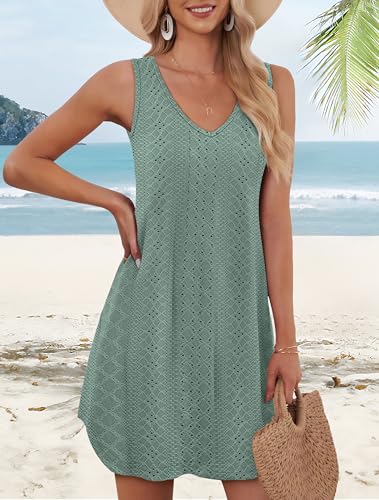 Aokosor Summer Dresses for Women 2026 Loose V Neck Cute Sleeveless Casual Dress Sundresses Plain Green L - Image 3