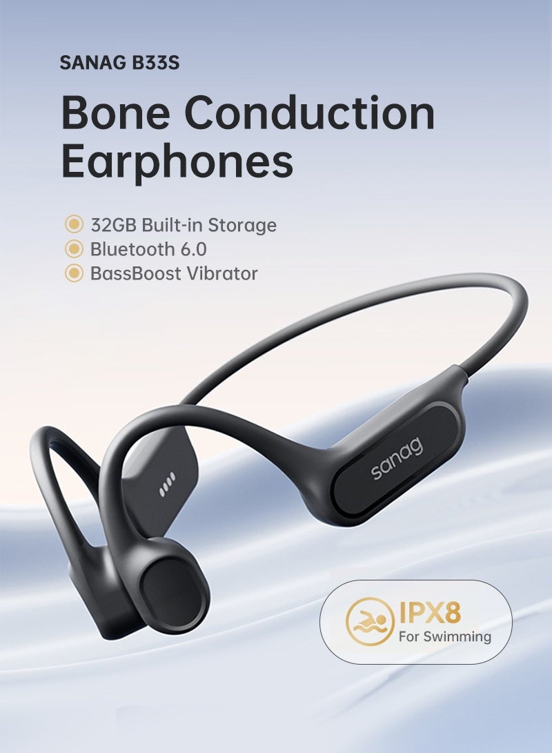 sanag Bone Conduction Headphones, HD Microphone, Ultra-Light & Secure Fit, 32G Storage, Open-Ear Sport Headphones, IPX8 Waterproof, Magnetic Charging, Bluetooth 6.0, Black - Image 2