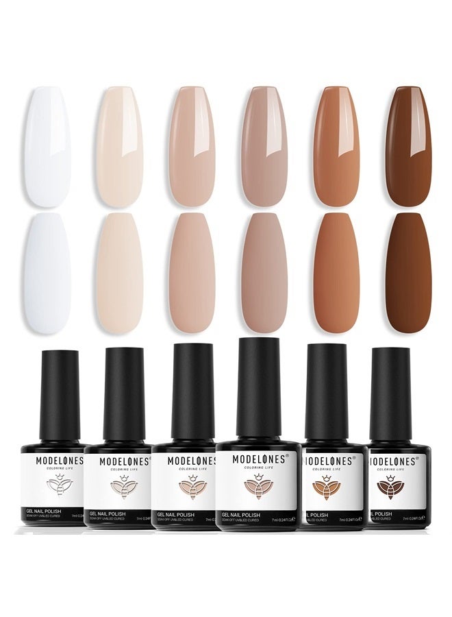 modelones Gel Nail Polish Set - 6 Colors Nude Brown White Skin Tone Neutral Beige Tan Taupe Gel Nail Polish Kit Popular All Seasons Summer Soak Off Nail Art Manicure DIY Salon at Home Gifts for Women - Image 1