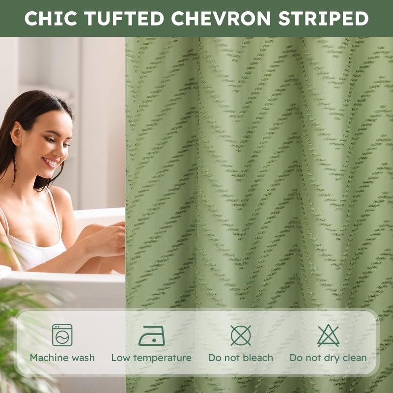 FADOTY No Hook Shower Curtain and Snap in Liner Set Sage Green Tufted Chevron Striped Cloth Waterproof Washable Fabric Boho Bath Curtain with See Through Mesh Top Window for Bathroom Hotel 71"" x 74"" - Image 4