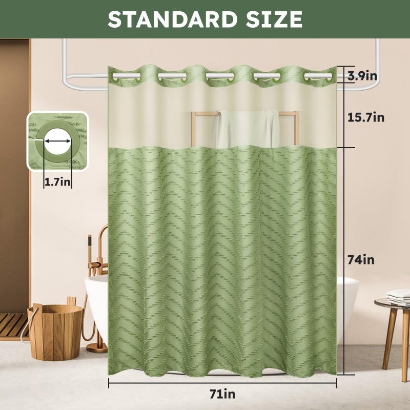 FADOTY No Hook Shower Curtain and Snap in Liner Set Sage Green Tufted Chevron Striped Cloth Waterproof Washable Fabric Boho Bath Curtain with See Through Mesh Top Window for Bathroom Hotel 71"" x 74"" - Image 5