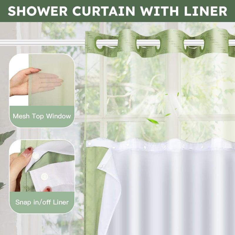 FADOTY No Hook Shower Curtain and Snap in Liner Set Sage Green Tufted Chevron Striped Cloth Waterproof Washable Fabric Boho Bath Curtain with See Through Mesh Top Window for Bathroom Hotel 71"" x 74"" - Image 3