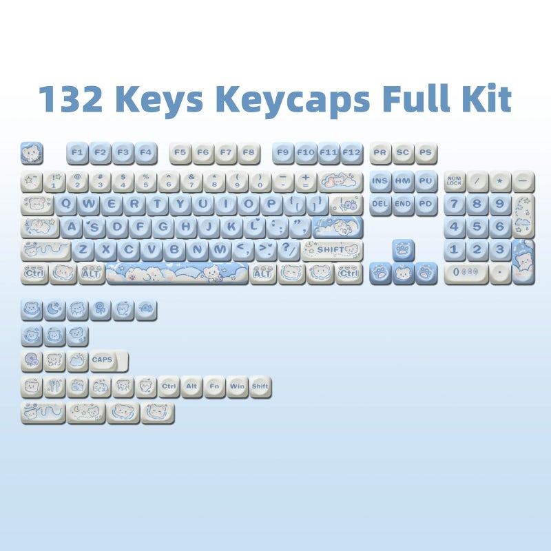 COOMICKEY PBT Keycaps, MOA Profile Cute Blue White Keycaps, Kawaii Dye Sublimation Keycap, 132 Keys Keycap Set for Cherry Gateron MX Switches Keyboards Custom Keyboard 60 65 75 100 Percent - Image 2