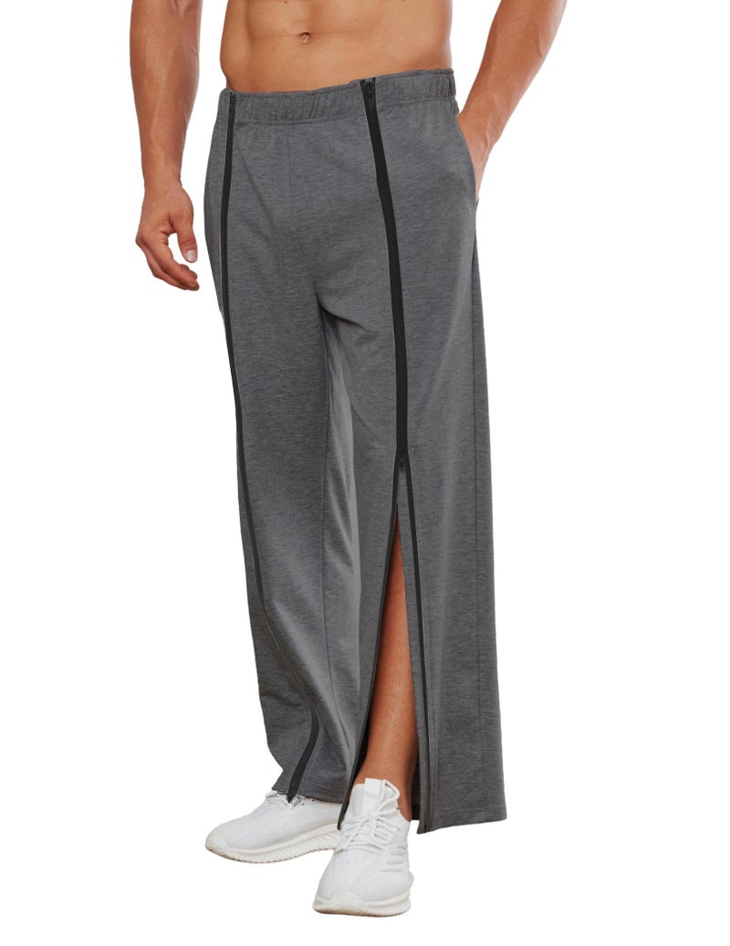 Deyeek Zipper Legs Tear Away Pants for Men Straight Leg Sweat Pants Mens Adult Breakaway Post Surgery Pants with Pockets Dark Grey - Image 1