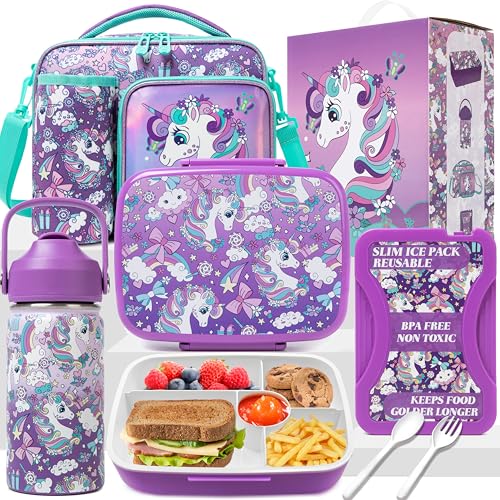 Oruiji Unicorn Bento Box for Kids Lunch Box for Girls Bento Lunch Box for Kids Lunch Box Set with 5 Compartments Stainless Steel Water Bottle, Lunch Bag, Ice Pack Set Back to School Supplies - Image 1