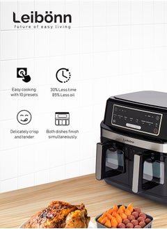 Leibonn Dual Zone Digital Air Fryer, 2 Drawers, 9L,Equipped with VORTEX Air Frying Technology, 6-in-1,Uses No Oil, Max Crisp, Roast, Bake, Reheat, Dehydrate, Cook 10 Portions,Non-Stick Dishwasher Safe Baskets  - Image 3