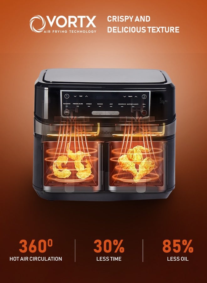 Dual Zone Digital Air Fryer, 2 Drawers, 9L,Equipped with VORTEX Air Frying Technology, 6-in-1,Uses No Oil, Max Crisp, Roast, Bake, Reheat, Dehydrate, Cook 10 Portions,Non-Stick Dishwasher Safe Baskets