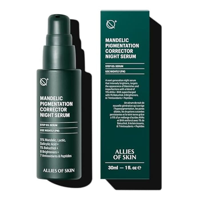 Allies of Skin Mandelic Pigmentation Corrector Night Serum | Gentle Acne Face Serum with Bakuchiol, Niacinamide & Salicylic Acid | Anti-Aging Formula to Reduce Pores and Even Skin Tone (1 oz) - Image 1
