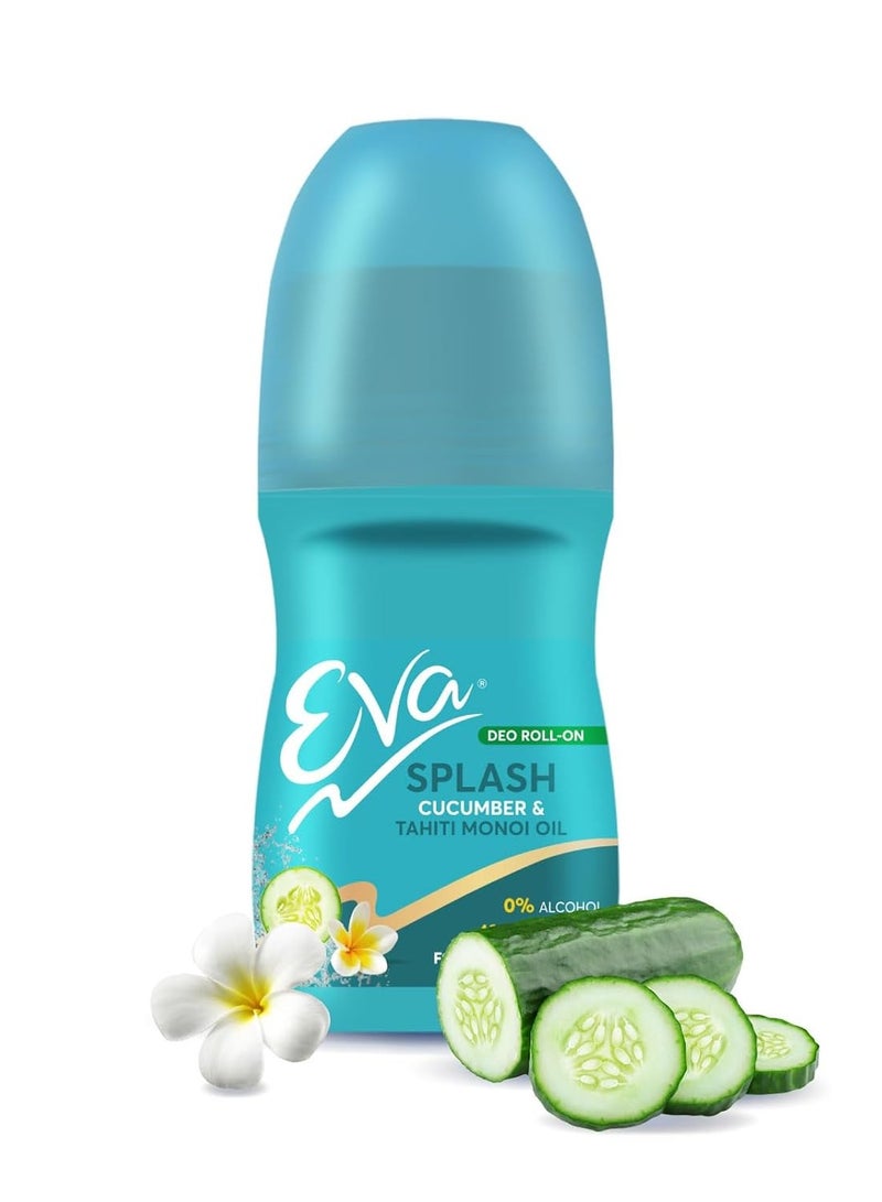 إيفا سبلاش رول-أون مزيل العرق تحت الإبط مع زيت مونوِي تاهيتي ومستخلصات الخيار خالي من الكحول والألومنيوم حماية لمدة 48 ساعة من الرائحة يحافظ على الإبطين منتعشين وناعمين مناسب للبشرة للنساء 50 مل - Image 1