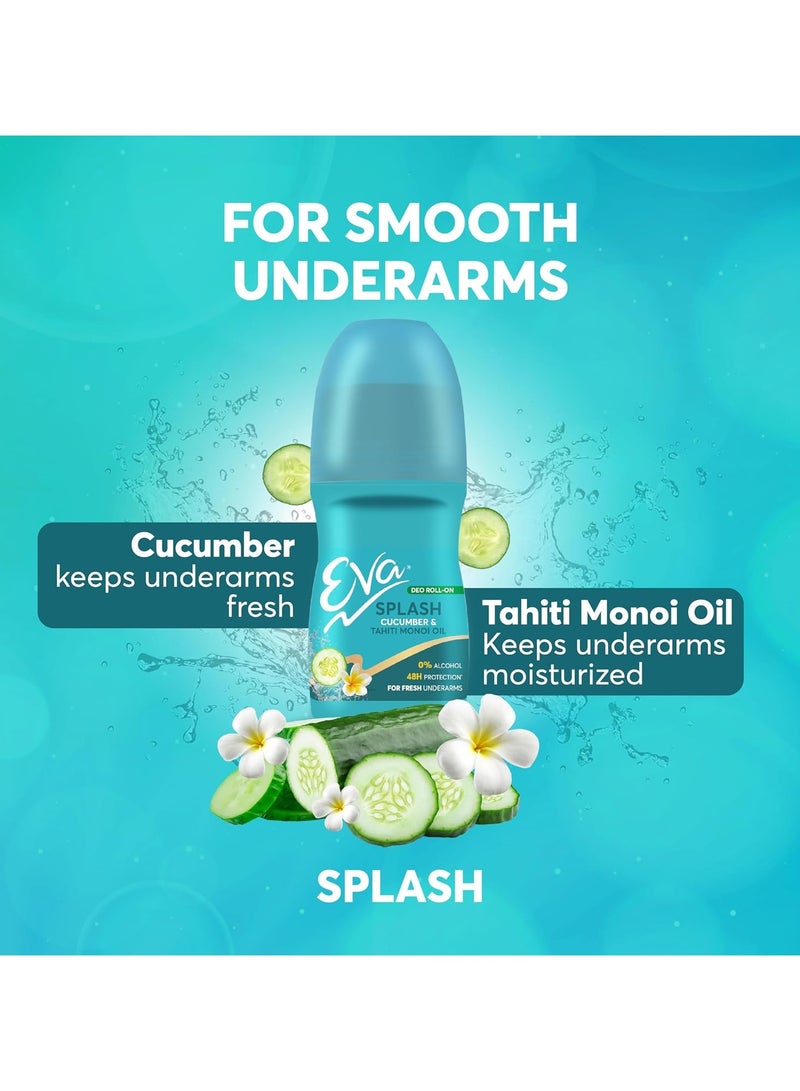 إيفا سبلاش رول-أون مزيل العرق تحت الإبط مع زيت مونوِي تاهيتي ومستخلصات الخيار خالي من الكحول والألومنيوم حماية لمدة 48 ساعة من الرائحة يحافظ على الإبطين منتعشين وناعمين مناسب للبشرة للنساء 50 مل - Image 2