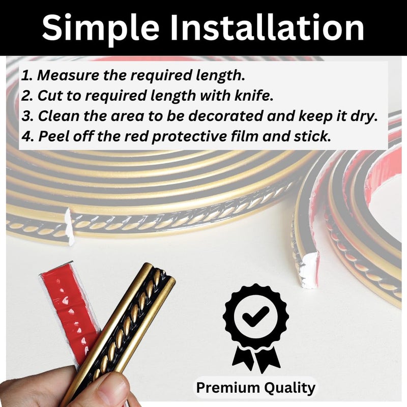Maxiroc Peel and Stick Molding Trim Self Adhesive Flexible Wall Trim Crown Molding 3D Strip for Tile Wood Wall Panels Picture Mirror Frame Border Edge Corner Ceiling Wallpaper Decor (Black Gold, 120 inches) - Image 5