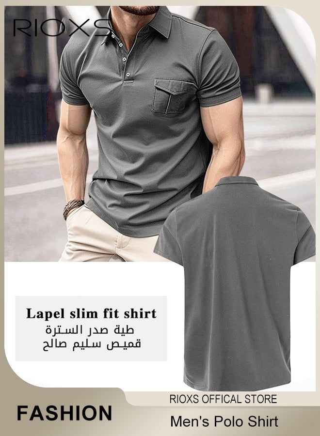 RIOXS Men's Slim Fit Cotton Polo Shirt Casual Short Sleeve Stretch T-shirt Classic Fit Knit Top  - Image 2