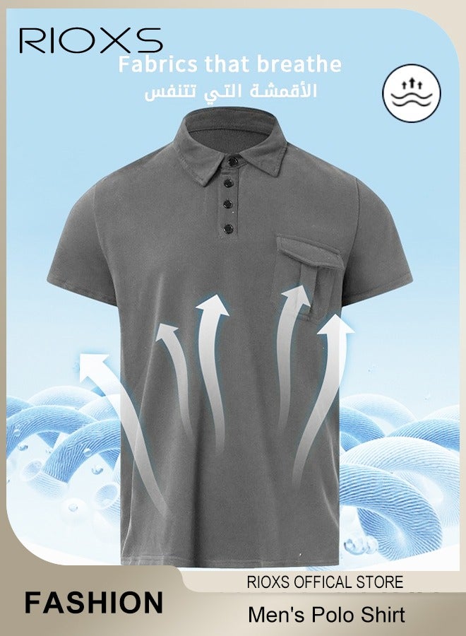 RIOXS Men's Slim Fit Cotton Polo Shirt Casual Short Sleeve Stretch T-shirt Classic Fit Knit Top  - Image 4