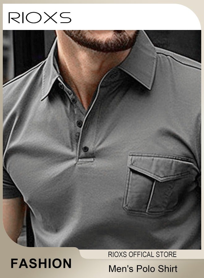 RIOXS Men's Slim Fit Cotton Polo Shirt Casual Short Sleeve Stretch T-shirt Classic Fit Knit Top  - Image 5