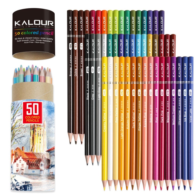 KALOUR Premium Colored Pencils,Set of 50 Colors,Artists Soft Core with Vibrant Color,Ideal for Layering Blending Shading,Color Pencils for Adults Beginners Coloring Bookâ€¦ - Image 1