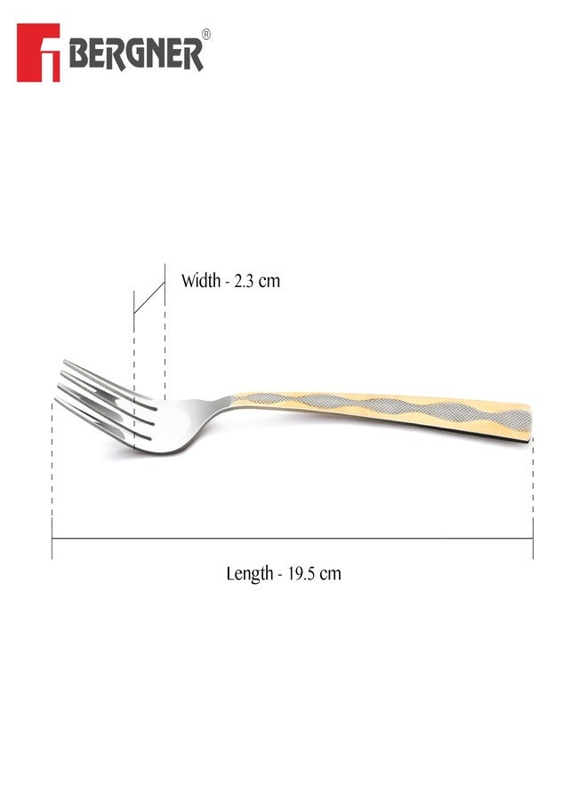 Bergner BE Essentials Tosca Stainless Steel 6 Pcs Dinner Fork Set, 19.5cm Fork, 24k Gold Plating Premium Fork for Home and Kitchen, Durable, Stain Resistant, 2mm Thickness - Silver/Golden - Image 3