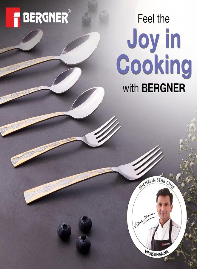 Bergner BE Essentials Tosca Stainless Steel 6 Pcs Dinner Fork Set, 19.5cm Fork, 24k Gold Plating Premium Fork for Home and Kitchen, Durable, Stain Resistant, 2mm Thickness - Silver/Golden - Image 2