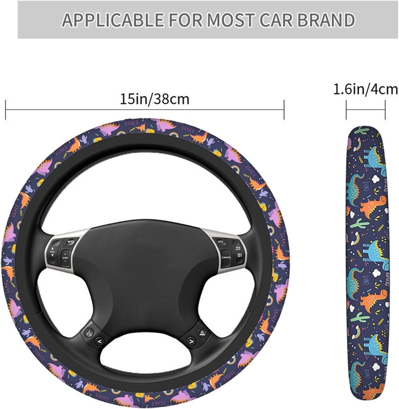 Swono Dinosaurs Cute Steering Wheel Cover Universal 15 Inch Cartoon Cute Dinosaurs with Rainbow Neoprene Car Steering Wheel Covers Stretchy Car Accessories for Women - Image 3