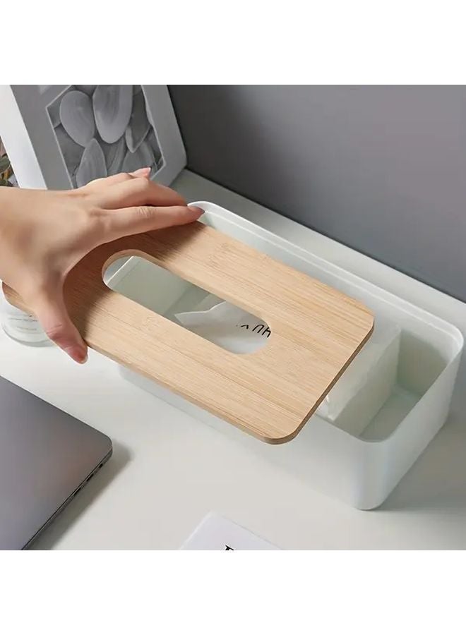 White Modern Rectangular Tissue Box Holder With Bamboo Lid For Home Office - Image 5