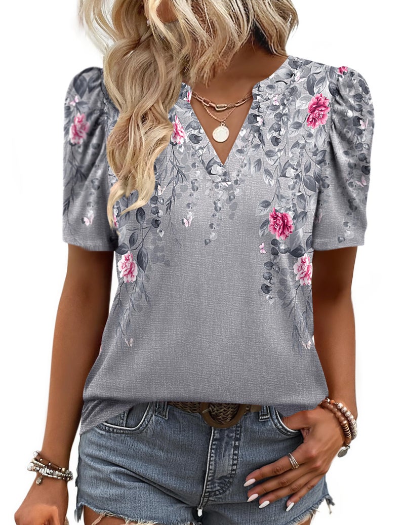 Zeagoo Spring Tops for Women Short Sleeve Dress Shirts V Neck Oversized Blouses Summer Floral Clothes 2026 Trendy - Image 1