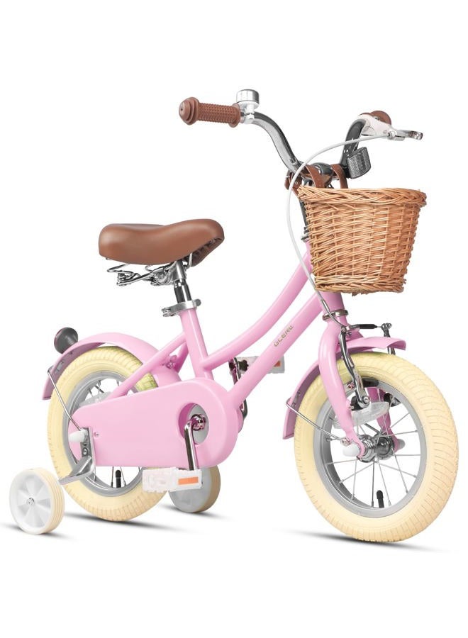 Glerc Little Molly 14 inch Kids Retro Cruiser Bike Bicycle for Girls Boys Ages 2 3 4 5 6 7 Year Old with Wicker Basket & Lightweight & Traning Wheels & Bell, Pink - Image 1