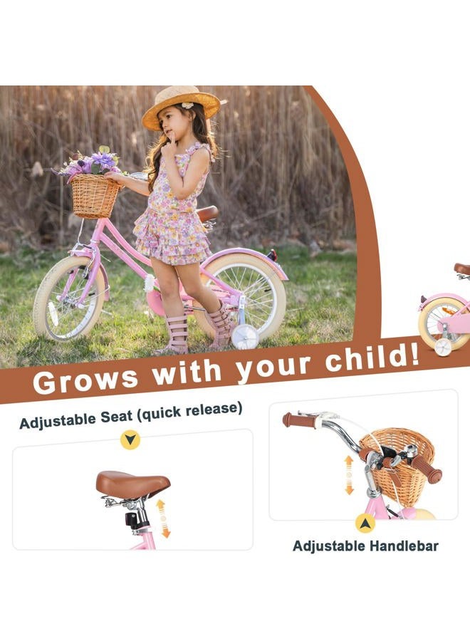 Glerc Little Molly 14 inch Kids Retro Cruiser Bike Bicycle for Girls Boys Ages 2 3 4 5 6 7 Year Old with Wicker Basket & Lightweight & Traning Wheels & Bell, Pink - Image 4