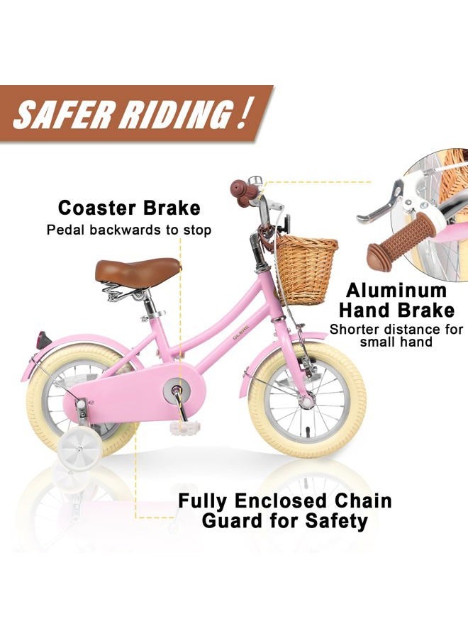 Glerc Little Molly 14 inch Kids Retro Cruiser Bike Bicycle for Girls Boys Ages 2 3 4 5 6 7 Year Old with Wicker Basket & Lightweight & Traning Wheels & Bell, Pink - Image 3