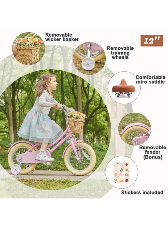 Glerc Little Molly 14 inch Kids Retro Cruiser Bike Bicycle for Girls Boys Ages 2 3 4 5 6 7 Year Old with Wicker Basket & Lightweight & Traning Wheels & Bell, Pink - Image 2