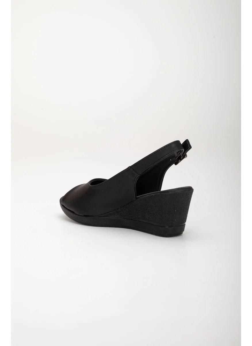 Dilimler Ayakkabı Slices Shoes Wedge Sole Open Toe and Back Orthopedic Artificial Leather Black Women Wedge Heel Shoes