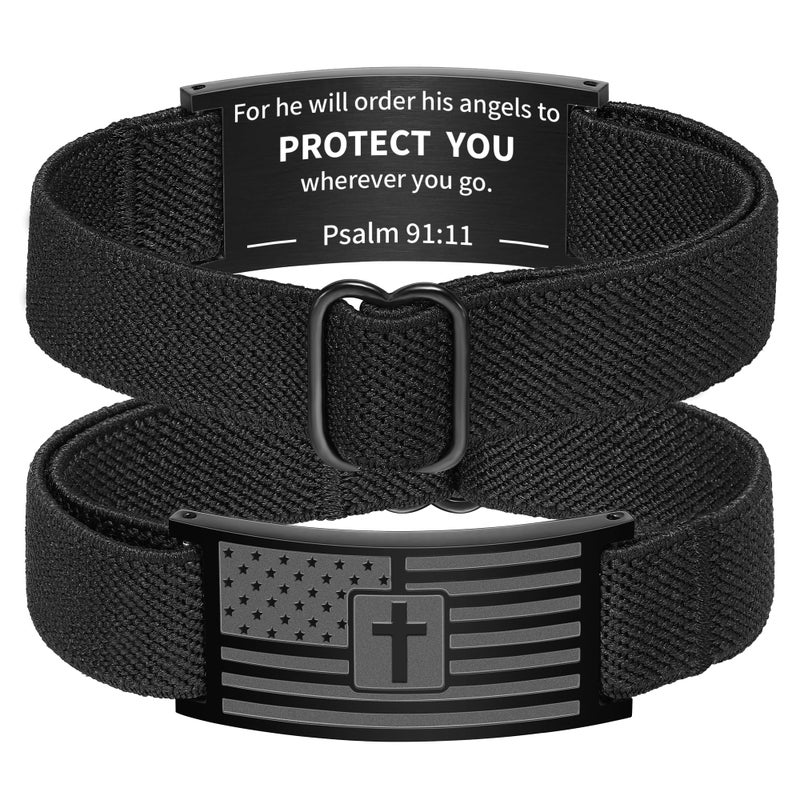 Zocomi Cross Bracelet for Men Boys, Black American Flag Elastic Stretch Band Bracelets Bible Verse Christian Religious Wrist Jewelry Easter Gifts Male Teen Teenage Kids Age Son Paslm 91:11 - Image 1
