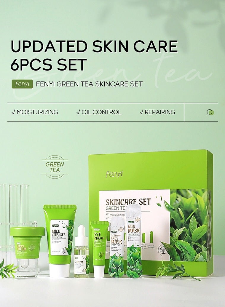 فيني مجموعة منتجات العناية بالوجه والعناية بالبشرة بالشاي الأخضر 6 قطع/ترطيب/تفتيح لون البشرة/مناسبة لأي نوع بشرة - Image 1