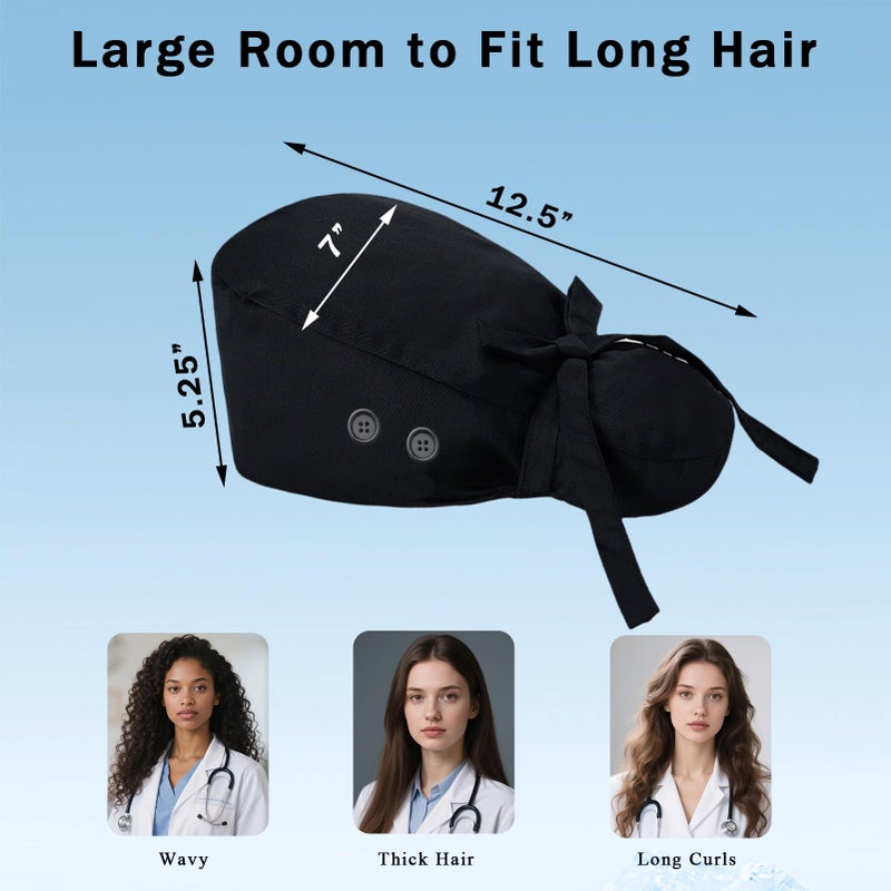 Hapforever 1PC Satin Lined Scrub Cap for Women, Surgical Nurse Caps with 4 Buttons Cotton Working Hat Sweatband Ponytail Scrub Caps for Long Hair Women with 2 Hair Ties (Black) - Image 4