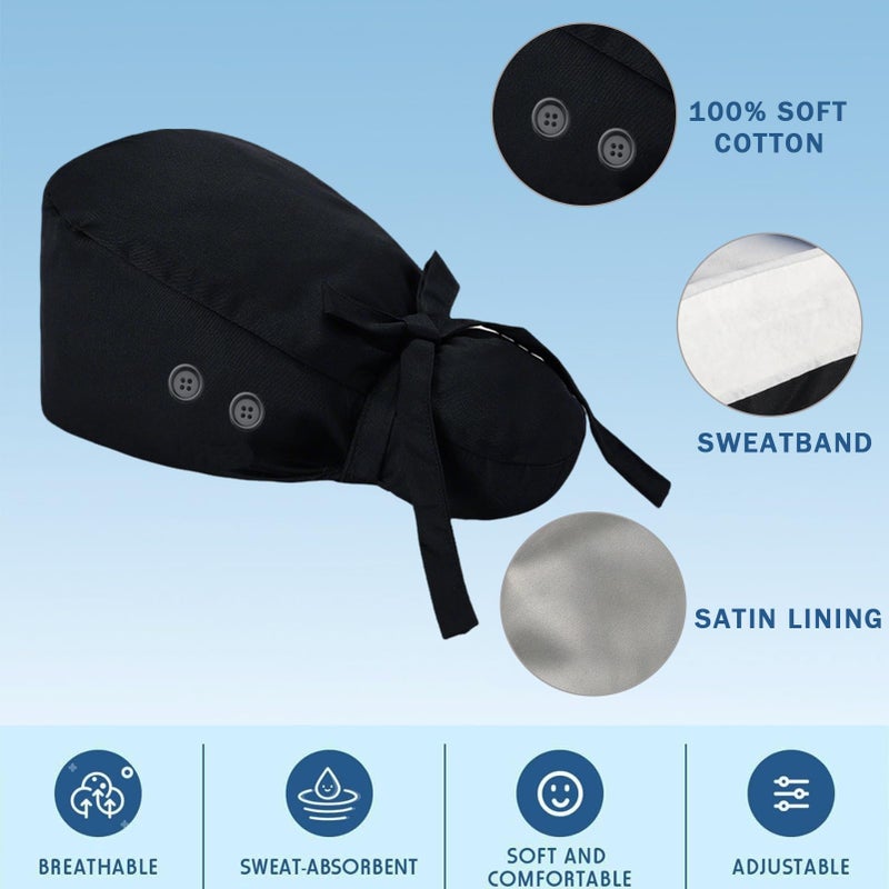 Hapforever 1PC Satin Lined Scrub Cap for Women, Surgical Nurse Caps with 4 Buttons Cotton Working Hat Sweatband Ponytail Scrub Caps for Long Hair Women with 2 Hair Ties (Black) - Image 3