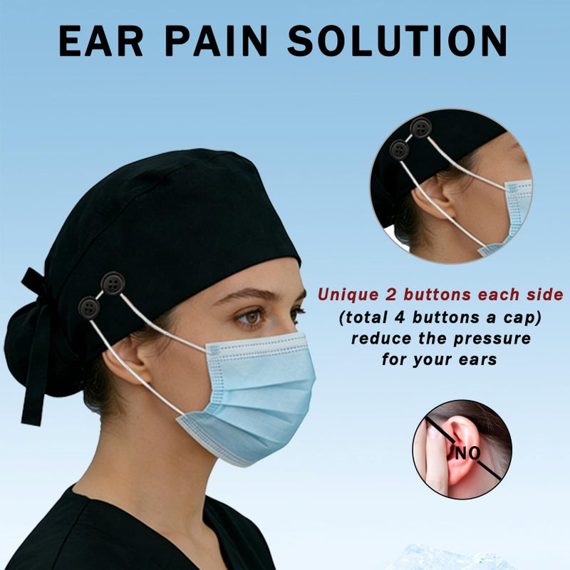Hapforever 1PC Satin Lined Scrub Cap for Women, Surgical Nurse Caps with 4 Buttons Cotton Working Hat Sweatband Ponytail Scrub Caps for Long Hair Women with 2 Hair Ties (Black) - Image 2