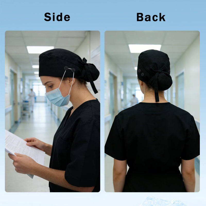 Hapforever 1PC Satin Lined Scrub Cap for Women, Surgical Nurse Caps with 4 Buttons Cotton Working Hat Sweatband Ponytail Scrub Caps for Long Hair Women with 2 Hair Ties (Black) - Image 5