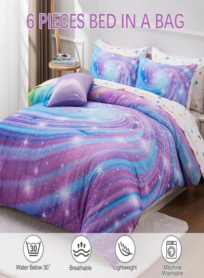 Btargot Super Soft 6 Pieces Gradient Star Ring Comforter Set, Colorful Glitter Rainbow Star Pattern Bedding Set for Boys Girls Teens, Twin Purple - Image 3