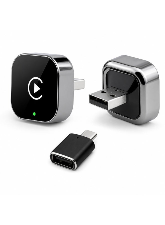 محول كاربلاي وأندرويد أوتو لاسلكي 2 في 1، محول CarPlay من سلكي إلى لاسلكي، تشغيل مباشر USB-A مع محول USB-C، دونجل سيارة مدمج للآيفون وأندرويد – أسود - Image 1