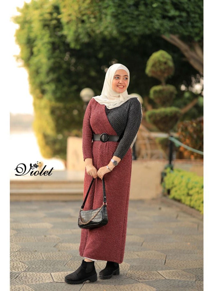 Puritopia Violet Maroon Casual Rip Dress With Belt - Image 3