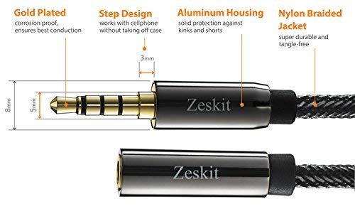 Zeskit Premium 3.5mm Jack Male to Female AUX Audio Extension Cable, TRRS 4 Poles for Headphones with Mic, Speakers - 6ft - Image 2