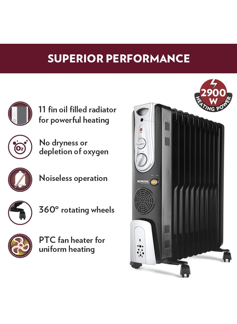 BOROSIL Borosil Volcano 11 Fin OFR 3 Power Heating Mode 2900W Oil Filter Filled Radiator Room Heater Noiseless Operation PTC Fan 2 Years Warranty Black  - Image 3