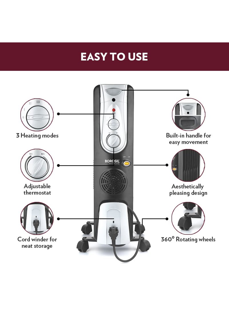 BOROSIL Borosil Volcano 11 Fin OFR 3 Power Heating Mode 2900W Oil Filter Filled Radiator Room Heater Noiseless Operation PTC Fan 2 Years Warranty Black  - Image 4