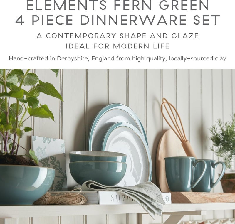 Denby  Elements Fern Green Dinner Set For 14 Piece Ceramic Tableware  Dishwasher Microwave Safe Crockery Single Place Setting  1 x Dinner Plate 1 x Small Plate 1 x Cereal Bowl 1 x Coffee Mug - Image 2