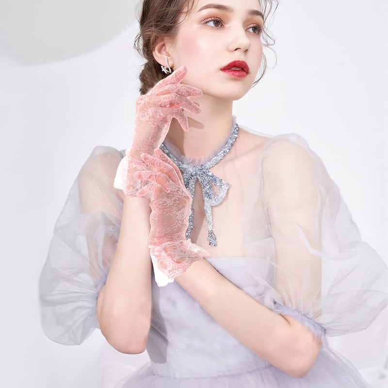 QPIXVB Pink Lace Gloves,Pink Gloves Costume,Opera Glove,Women Tea Party Bridal Wedding Tulle Halloween Glove,Evening Opera Prom Halloween Cosplay Costume,Costume Accessories - Image 4
