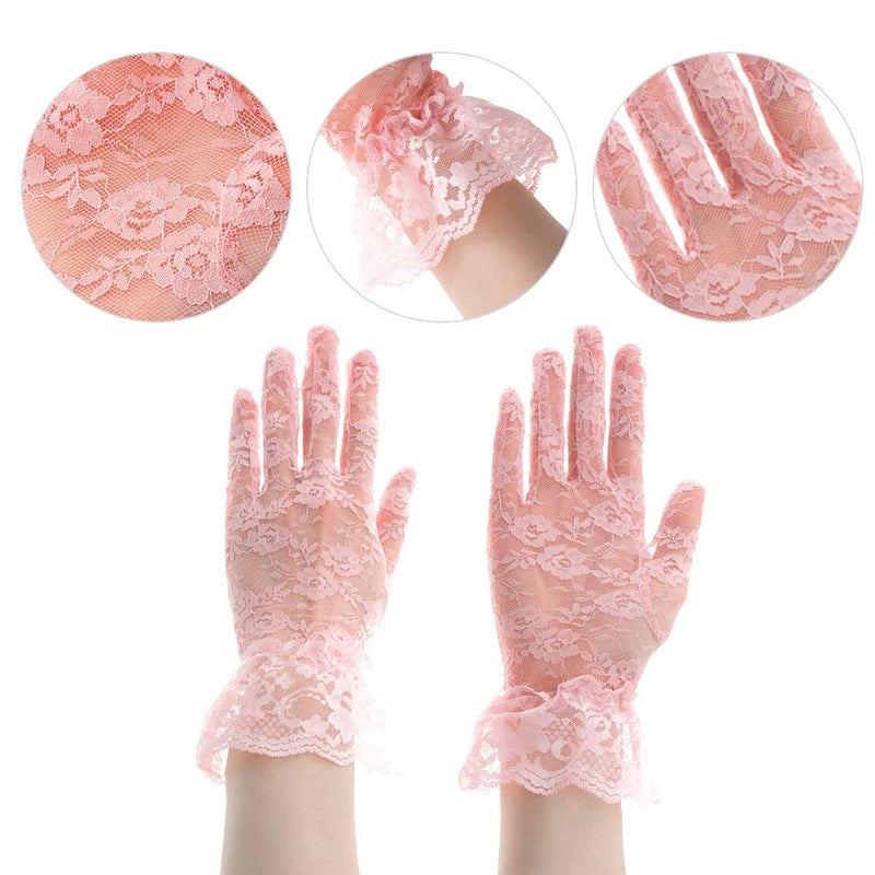QPIXVB Pink Lace Gloves,Pink Gloves Costume,Opera Glove,Women Tea Party Bridal Wedding Tulle Halloween Glove,Evening Opera Prom Halloween Cosplay Costume,Costume Accessories - Image 3