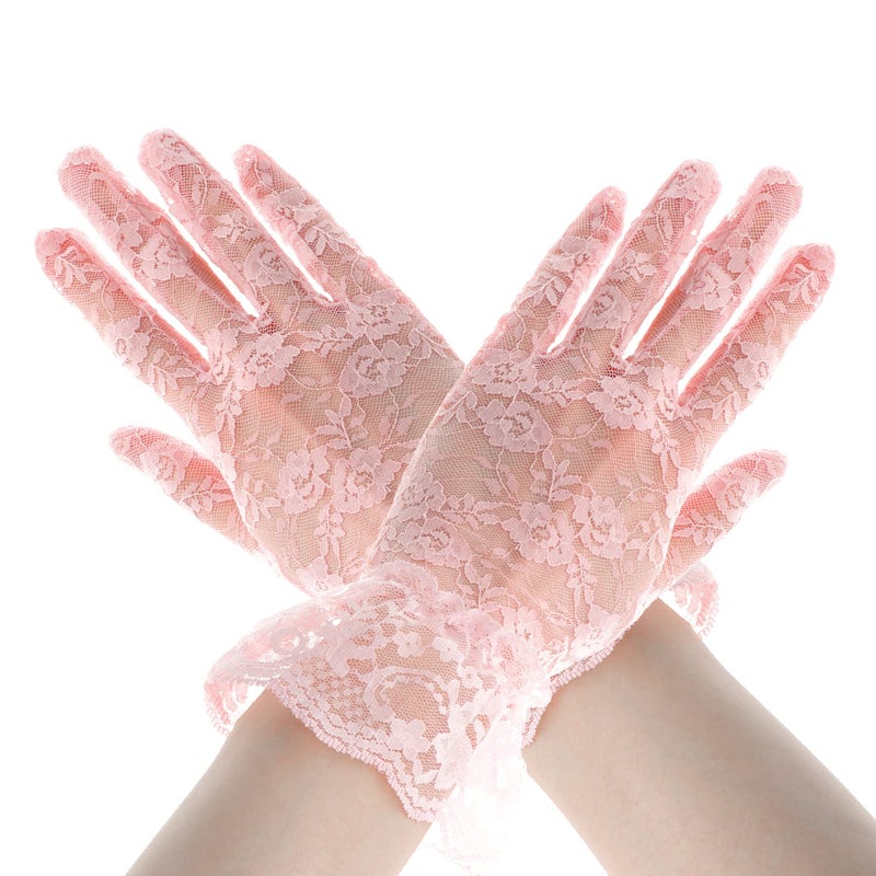 QPIXVB Pink Lace Gloves,Pink Gloves Costume,Opera Glove,Women Tea Party Bridal Wedding Tulle Halloween Glove,Evening Opera Prom Halloween Cosplay Costume,Costume Accessories - Image 1
