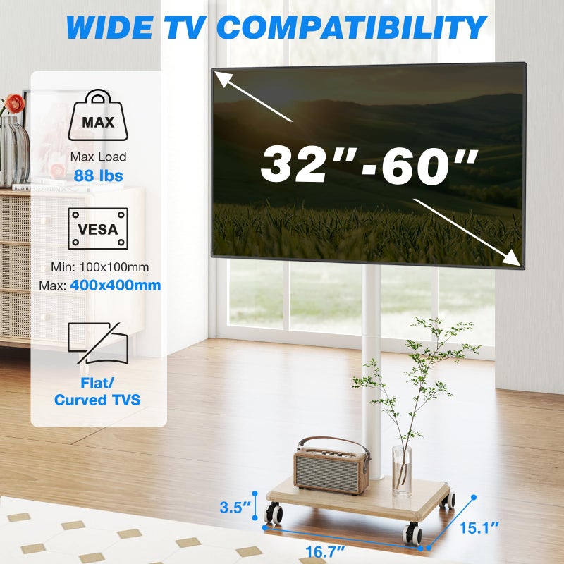 Rfiver Rolling TV Stand for 32 to 55 60 Inch TVs up to 88lbs, Height Adjustable Mobile TV Stand with Wood Base, Space-Saving Design Tall TV Cart Floor Stands for Living Room, Bedroom, Corner (White) - Image 3