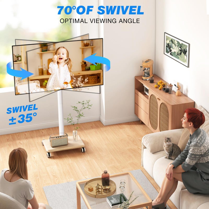 Rfiver Rolling TV Stand for 32 to 55 60 Inch TVs up to 88lbs, Height Adjustable Mobile TV Stand with Wood Base, Space-Saving Design Tall TV Cart Floor Stands for Living Room, Bedroom, Corner (White) - Image 5