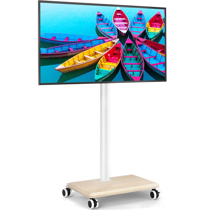 Rfiver Rolling TV Stand for 32 to 55 60 Inch TVs up to 88lbs, Height Adjustable Mobile TV Stand with Wood Base, Space-Saving Design Tall TV Cart Floor Stands for Living Room, Bedroom, Corner (White) - Image 1