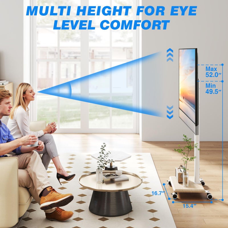 Rfiver Rolling TV Stand for 32 to 55 60 Inch TVs up to 88lbs, Height Adjustable Mobile TV Stand with Wood Base, Space-Saving Design Tall TV Cart Floor Stands for Living Room, Bedroom, Corner (White) - Image 4