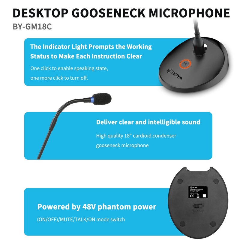 BOYA Desktop Gooseneck Condenser Microphone 18" Podium Microphones with Mute Button LED Indicator XLR Mic for Meetings Video Conferences Streaming Lectures BY-GM18C - Image 4